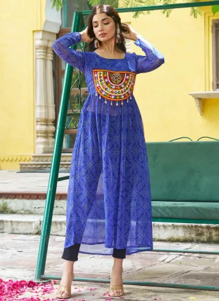 Blue Bandhej, Patch Border and Print Work Faux Georgette Designer Kurti