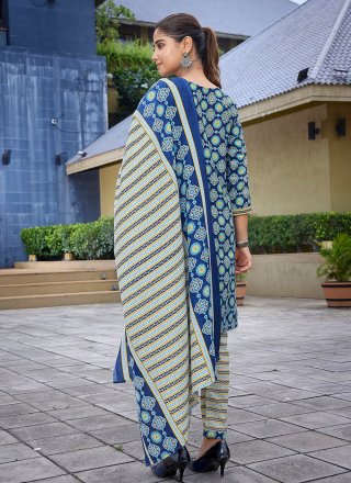 Blue Blended Cotton Pant Style Suit with Print Work