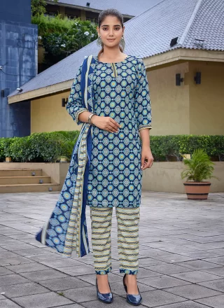Blue Blended Cotton Pant Style Suit with Print Work