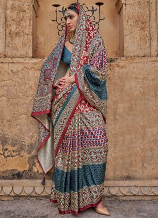 Blue Block Print and Paisley Print Work Silk Traditional Saree