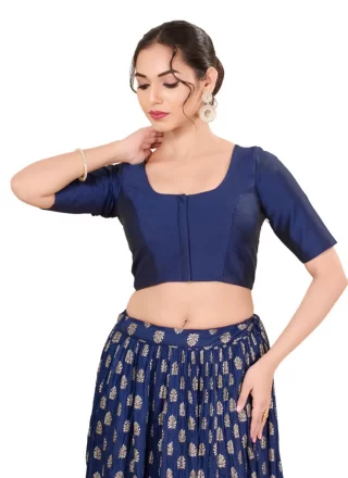 Blue Brocade Plain Work Designer Blouse