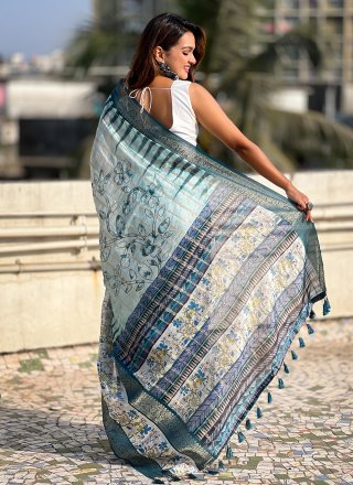 Blue Chanderi Contemporary Saree with Print and Woven Work for Ceremonial