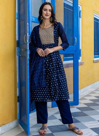 Blue Chanderi Embroidered and Jacquard Work Readymade Salwar Suit