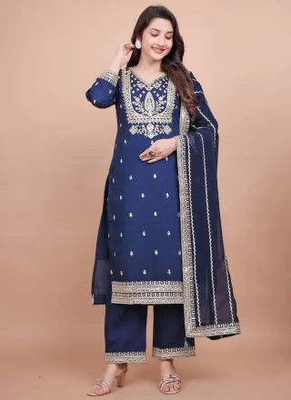 Blue Chanderi Silk Embroidered and Zari Work Readymade Salwar Suit