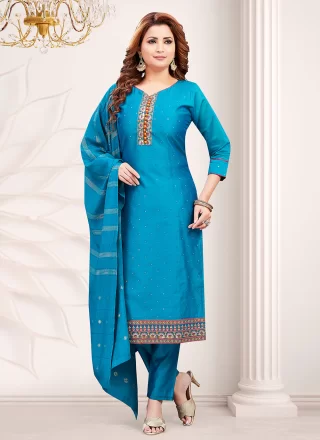 Blue Chanderi Silk Embroidered Work Salwar Suit