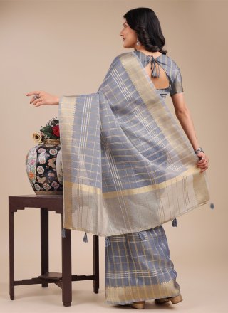 Blue Checks and Jacquard Work Organza Traditional Saree