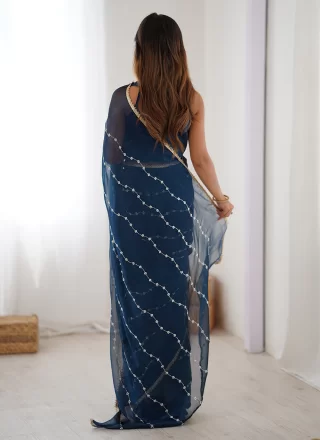 Blue Chiffon Beads, Lace and Moti Work Traditional Saree for Ceremonial