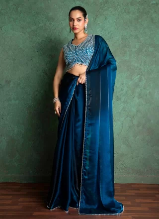 Blue Chiffon Contemporary Saree In Plain