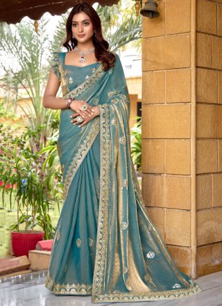 Blue Chiffon Designer Saree with Embroidered and Zari Work