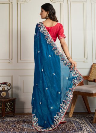 Blue Chiffon Embroidered Work Contemporary Saree for Ceremonial