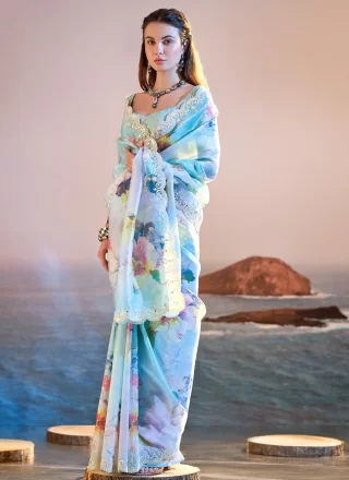 Blue Chiffon Satin Embroidered, Print, Sequins, Thread and Zari Work Contemporary Saree