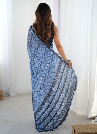 Blue Chinon Contemporary Sari with Cut, Digital Print and Mirror Work for Casual