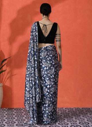Blue Chinon Contemporary Sari with Digital Print Work for Casual