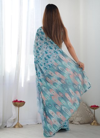 Blue Chinon Digital Print and Mirror Work Classic Saree for Casual