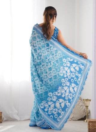 Blue Chinon Digital Print and Mirror Work Trendy Saree