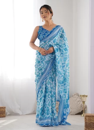 Blue Chinon Digital Print and Mirror Work Trendy Saree
