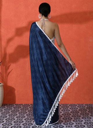 Blue Chinon Digital Print Work Classic Saree for Casual