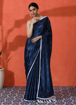 Blue Chinon Digital Print Work Classic Saree for Casual