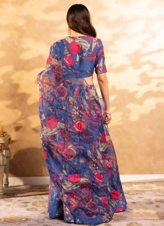 Blue Chinon Digital Print Work Readymade Lehenga Choli for Ceremonial