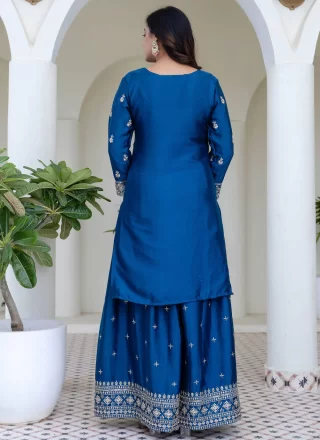 Blue Chinon Embroidered and Sequins Work Readymade Salwar Suit