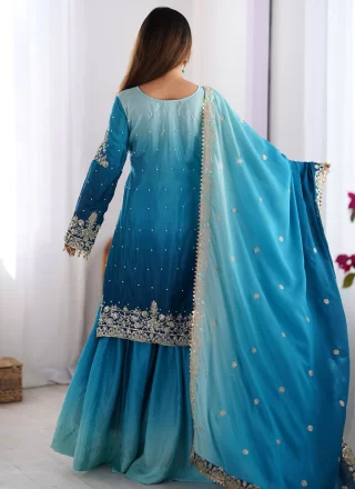 Blue Chinon Embroidered, Moti and Zari Work Sharara Set