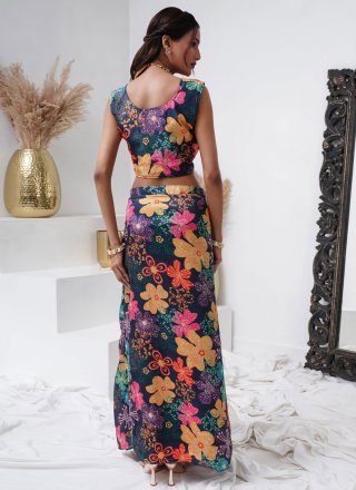 Blue Chinon Fancy and Floral Patch Work Readymade Lehenga Choli