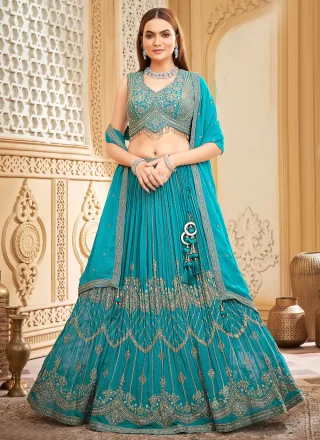 Blue Chinon Readymade Lehenga Choli with Embroidered and Zari Work