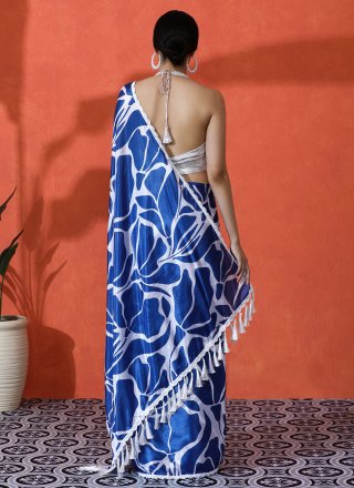 Blue Chinon Trendy Saree with Digital Print Work for Women