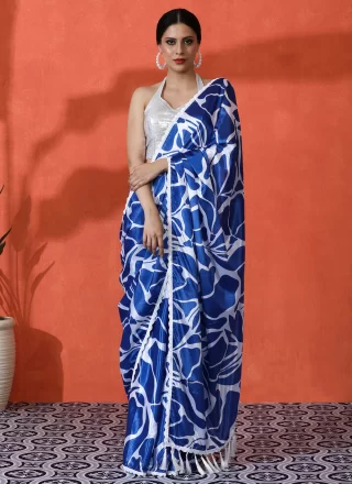 Blue Chinon Trendy Saree with Digital Print Work for Women