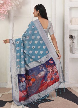 Blue Cotton Classic Saree with Floral Patch and Woven Work