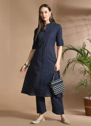Blue Cotton Designer Kurti with Buttons Work