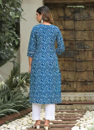 Blue Cotton Designer Kurti with Hand, Mirror and Print Work for Women