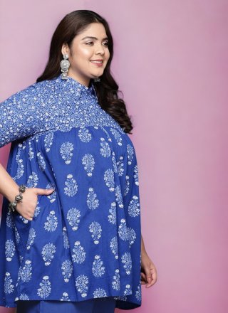 Blue Cotton Designer Kurti with Print Work