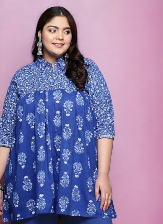 Blue Cotton Designer Kurti with Print Work