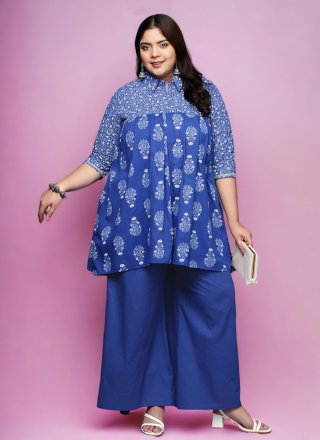 Blue Cotton Designer Kurti with Print Work