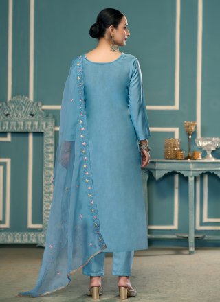 Blue Cotton Embroidered and Hand Work Pant Style Suit