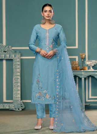 Blue Cotton Embroidered and Hand Work Pant Style Suit