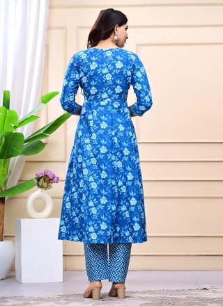 Blue Cotton Embroidered and Print Work Salwar Suit for Ceremonial