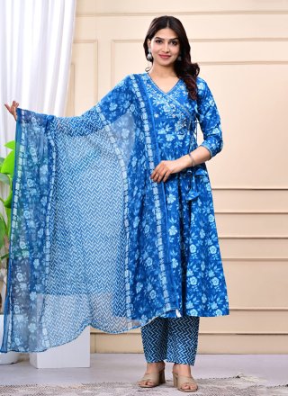 Blue Cotton Embroidered and Print Work Salwar Suit for Ceremonial