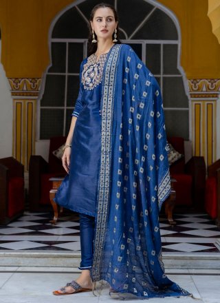 Blue Cotton Embroidered and Zari Work Salwar Suit