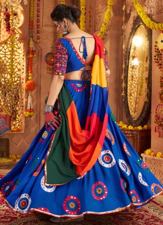 Blue Cotton Embroidered, Mirror and Thread Work Readymade Lehenga Choli