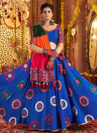 Blue Cotton Embroidered, Mirror and Thread Work Readymade Lehenga Choli