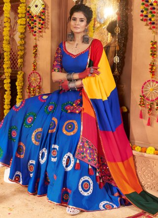 Blue Cotton Embroidered, Mirror and Thread Work Readymade Lehenga Choli