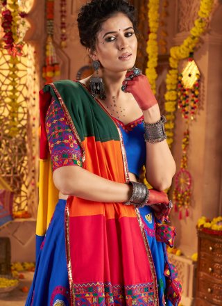 Blue Cotton Embroidered, Mirror and Thread Work Readymade Lehenga Choli