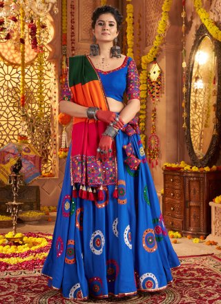 Blue Cotton Embroidered, Mirror and Thread Work Readymade Lehenga Choli