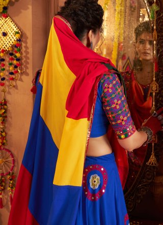 Blue Cotton Embroidered, Mirror and Thread Work Readymade Lehenga Choli