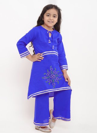 Blue Cotton Embroidered Work Casual Kurti