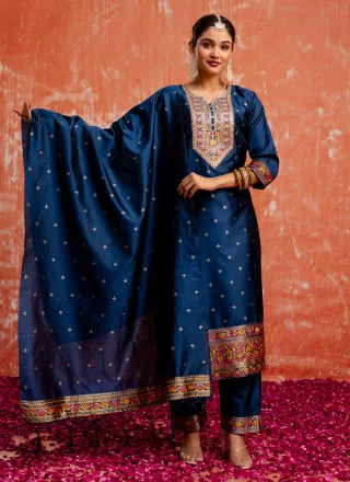 Blue Cotton Embroidered Work Salwar Suit for Engagement