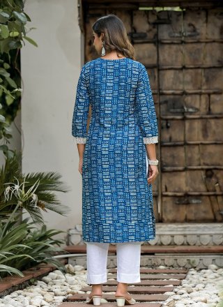 Blue Cotton Hand, Mirror and Print Work Casual Kurti