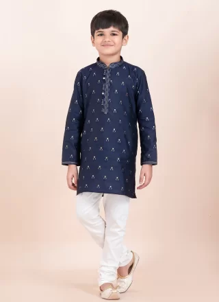 Blue Cotton Jacquard Work Kurta Pyjama